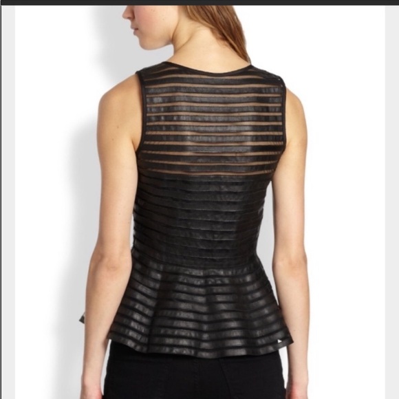 NWOT PARKER BLACK LEATHER MESH STRIPED PEPLUM TOP XS - Picture 2 of 6